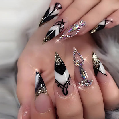 24Pcs Almond False Nails with Rhinestone Long Stiletto Fake Nails Gold Glitter Powder Design Press on Nails Full Cover Nail Tips