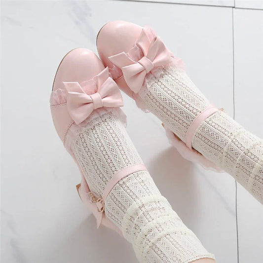 aichashi  -   Spring Women High Heels Mary Jane Pumps Party Wedding White Pink Beige String Bead Bow Princess Cosplay Lolita Shoes 31-43