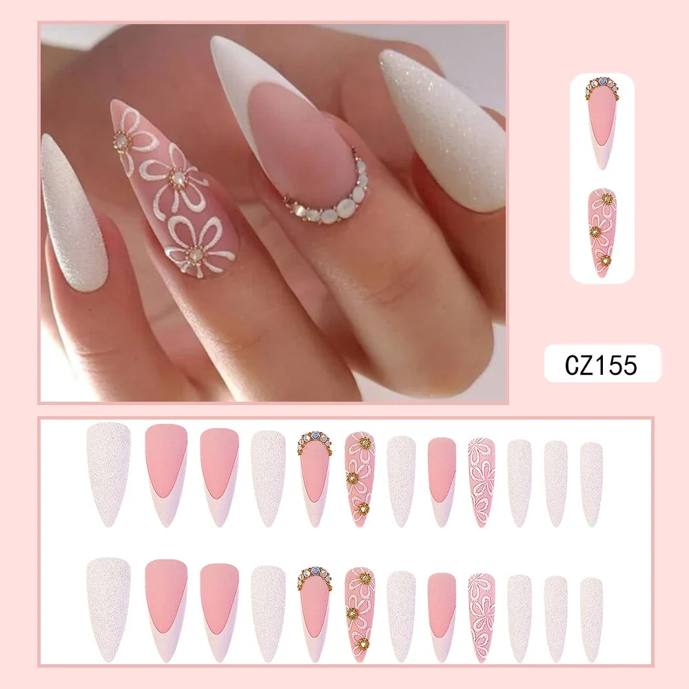 24 Pcs Long Stiletto Press On Nails Pink French Style Glitter Fake Nails With Rhinestone Shiny Artificial Reusable False Nails