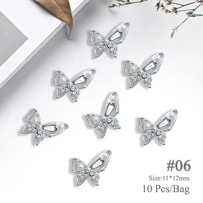 Aichashi 10pcs/bag Butterfly Shaped Nail Rhinestone Star Flower Nail Charm Silver Gold Alloy Nail Pearl Jewelry Accessories Nail Supplies