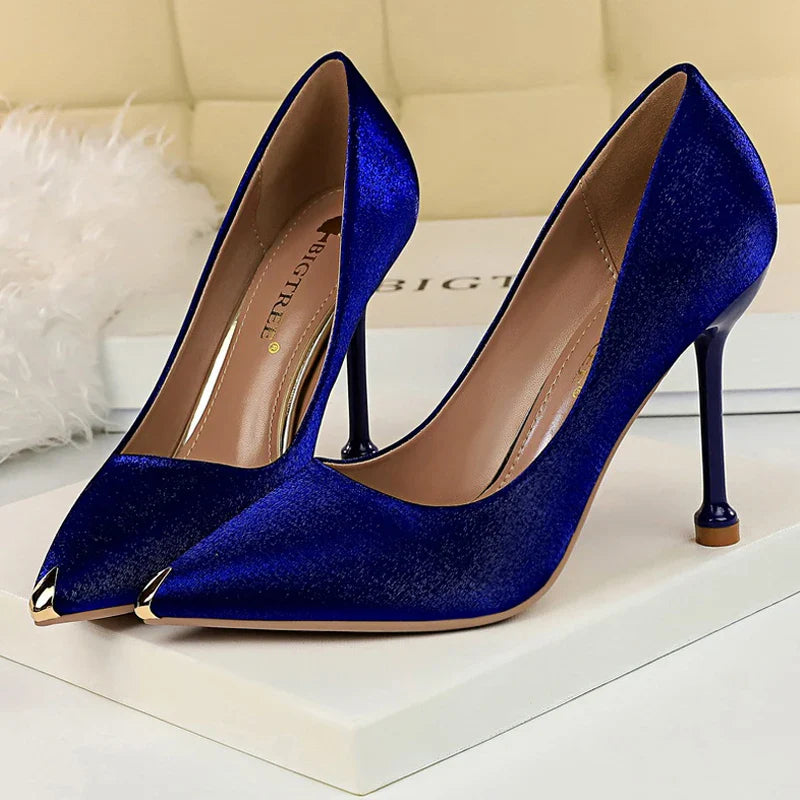 aichashi  -  Shoes New Women Pumps Spring High Heels Satin Luxurious Banquet Shoes Stiletto Metal Tip Heels Women Party Shoes