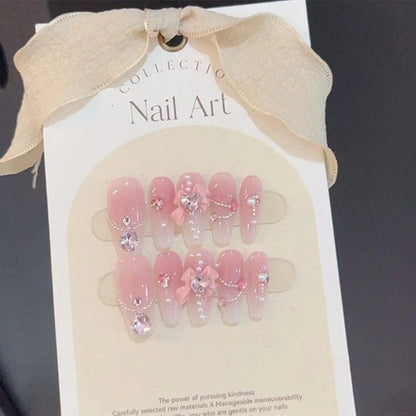 Aichashi 10Pcs Handmade Press On Nails Pink Fake Nails 3D Love Heart Moon Butterfly Rhinestone Design Y2k False Nail Full Cover Nail Tips