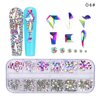 12 Grids/Box Multi-Size Nail Art Rhinestone Decorations AB Crystal Diamond Gems 3D Nails Glitter Glass Non Hotfix Strass Jewelry