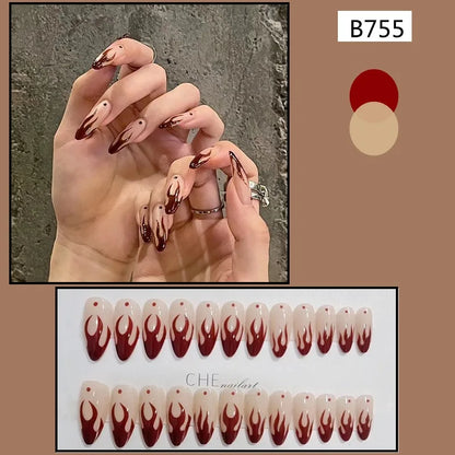 Aichashi Goth Y2k Red Flame Long Fake Nails Almond Shape Simple French Decor Ins Style False Nails For Girl Press On Artificial Nail Tips