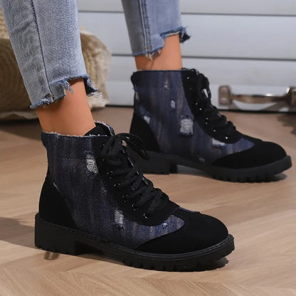 aichashi  -  Women'S Boots Fashion Retro Denim Patchwork Lace Up Flat Bottomed Short Boots Vintage Zapatos Mujer Flat Shoes Ankle Boots