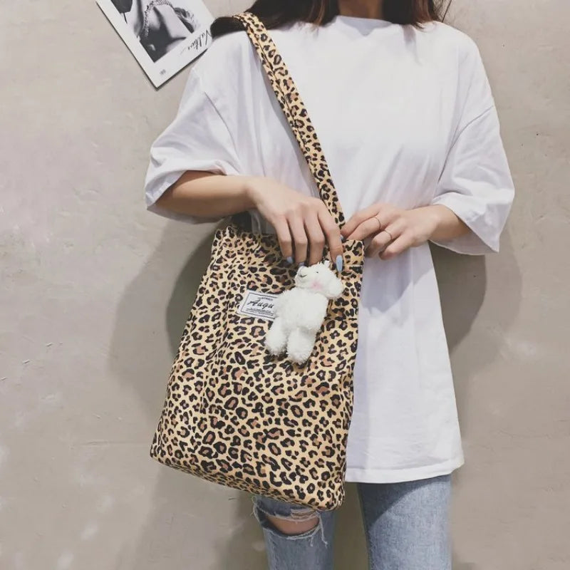 Aichashi BACK TO SCHOOL Korean Chic Big Casual Tote Bag Leopard Shoulder Bag Ladies Canvas Bag New Shopping Bag Student Print Handbag Bolsa Mujer