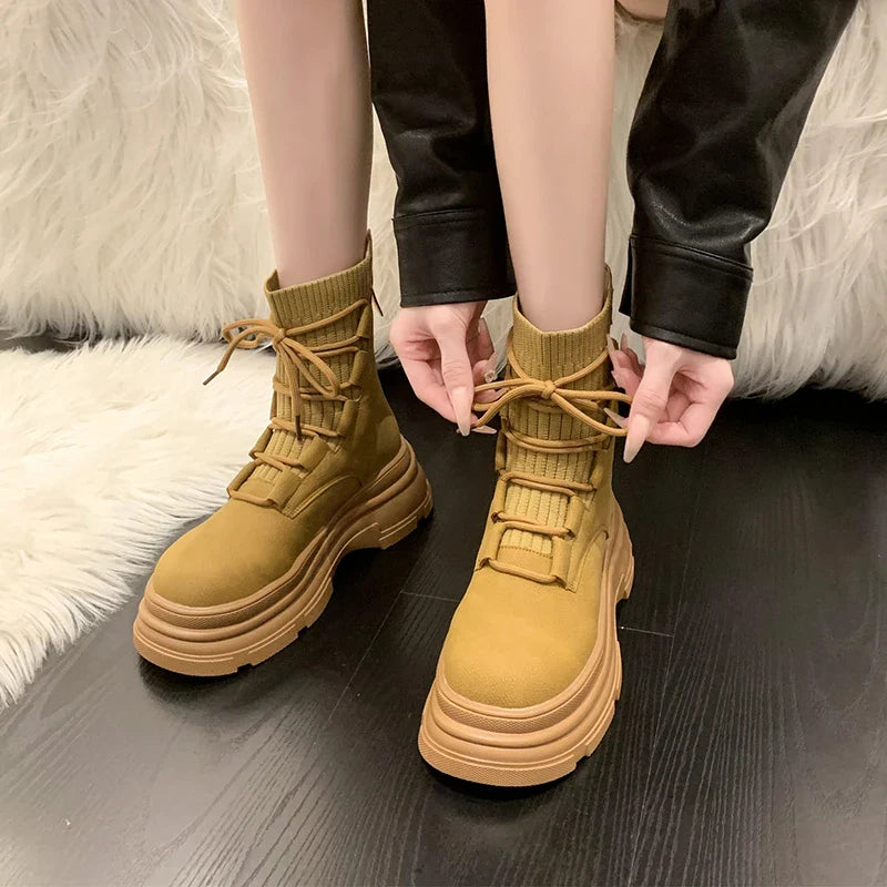 aichashi  -  Shoes for Women Cross-tied Women's Boots Fashion Back Zip Casual Boots Women New Round Toe Ankle Boots Shoes Female zapatos