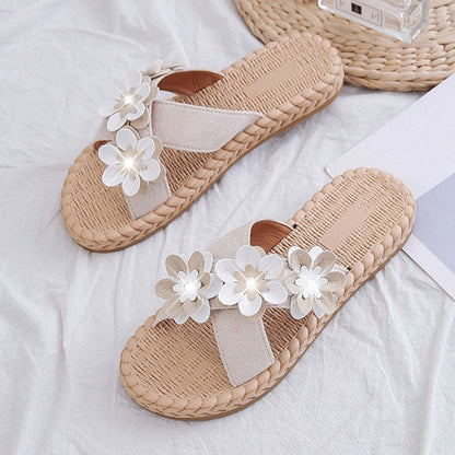 Aichashi Fashion Floral Lace Summer Beach Flip Flops Women Sandals Casual Flax Flat Sandals Comfy Home Slippers Outdoor Slides Shoes