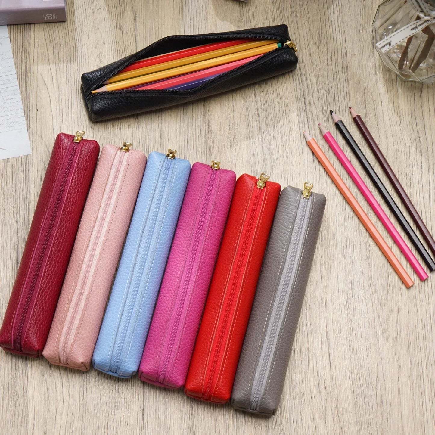 Aichashi BACK TO SCHOOL Genuine Leather Simple Pen Case for School Students Stationery Storage Box Pen Bag Cowhide Zipper Pencil Holder School Suppies