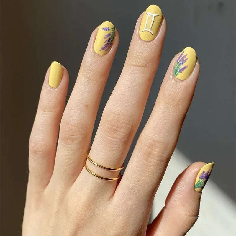 24Pcs Colorful Flowers Design False Nails with Glue Summer Almond Round Fake Nails Wearable Press on Nails Full Cover Nail Tips