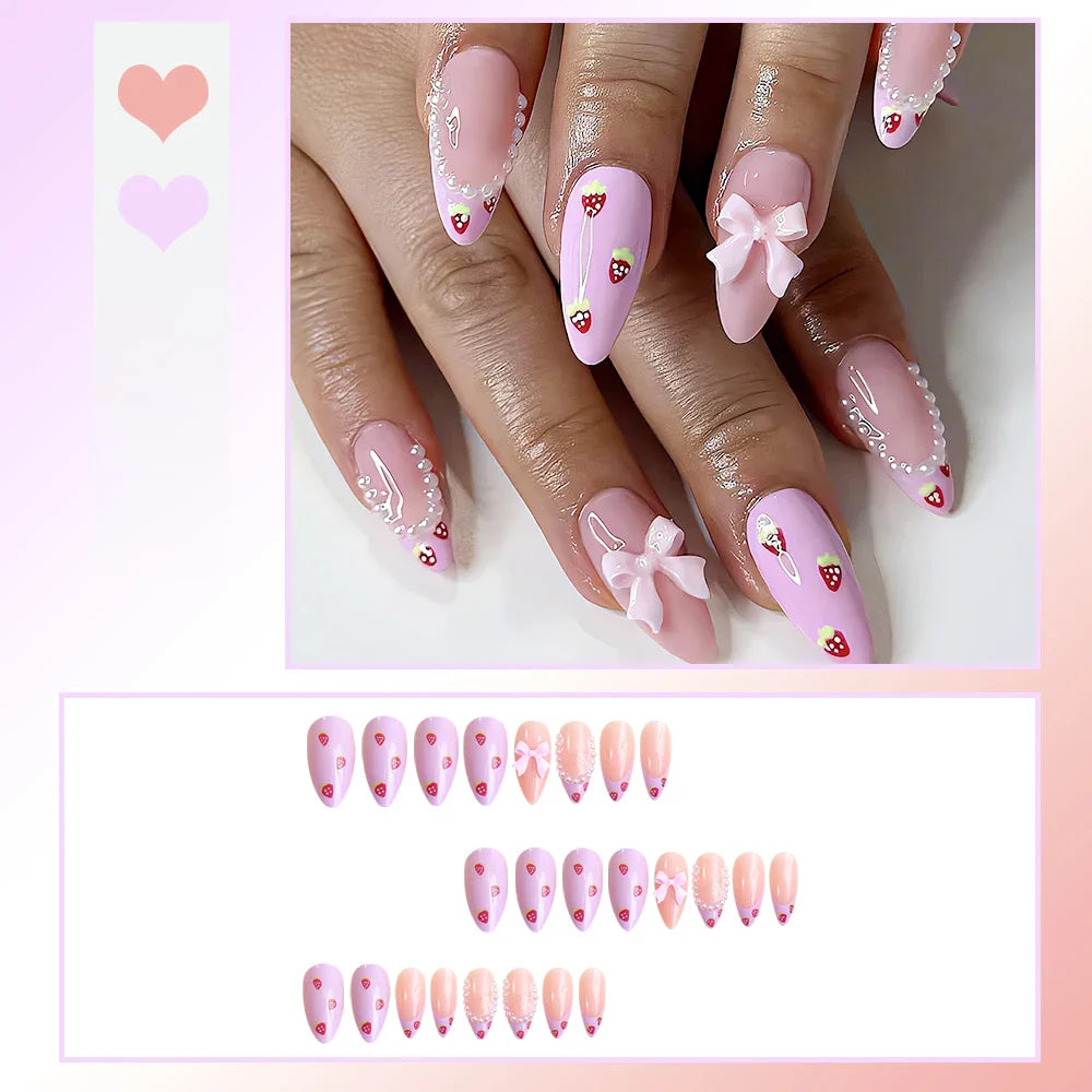 24PCS Sweet Strawberry Press on Nails French Pearl Design Almond False Nails Girl Gifts Detchable Full Cover Fake Nail Patches