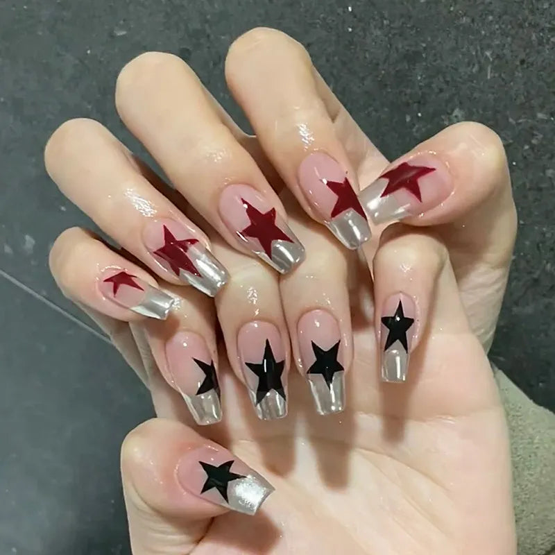 24Pcs y2k Cool Press on Nails Red Black Five-pointed Star French False Nail Patches Wearable Full Cover Fake Nail tips For Girls