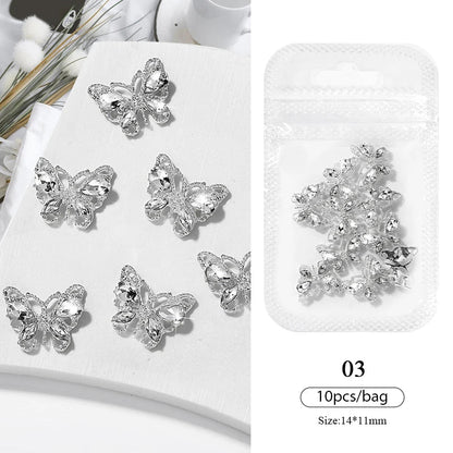 Aichashi 10pcs/bag Butterfly Shaped Nail Rhinestone Star Flower Nail Charm Silver Gold Alloy Nail Pearl Jewelry Accessories Nail Supplies