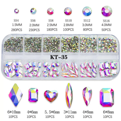 Aichashi 12 Grids Sparkle Translucent Colorful Mix Shapes Flatback Glass Diamonds Nail Art Rhinestones Jewel Decorations Manicure Charms