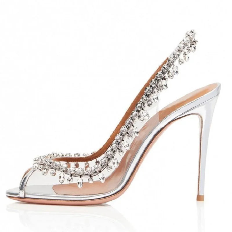 aichashi  -  Silver Pink PVC Clear Heeled Sandals Women Pumps Sexy Rhinestones Thin High Heels Shoes Pointed Toes Party Nightclub Sandals