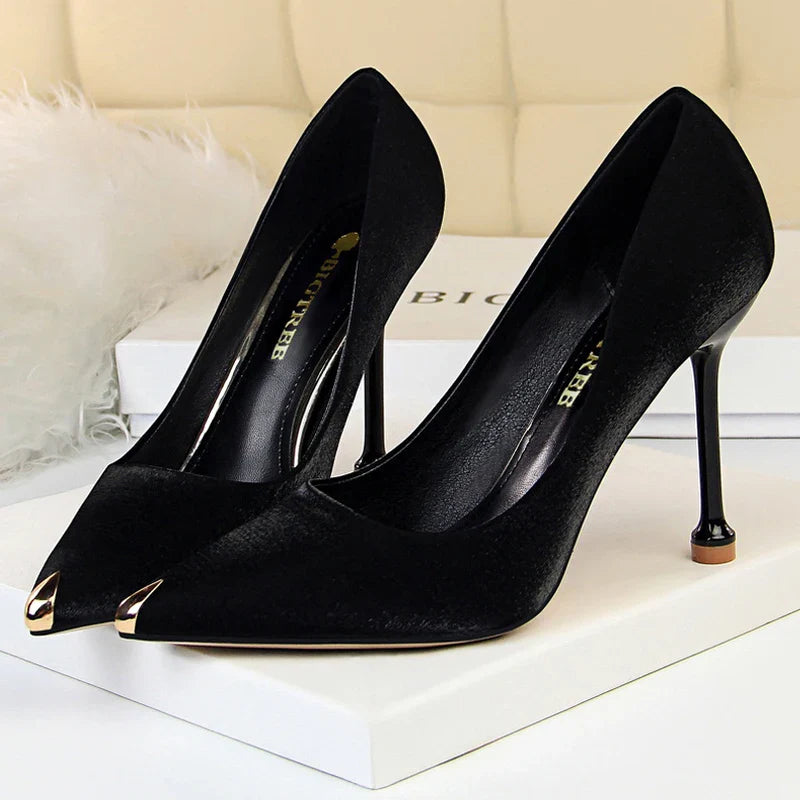 aichashi  -  Shoes New Women Pumps Spring High Heels Satin Luxurious Banquet Shoes Stiletto Metal Tip Heels Women Party Shoes