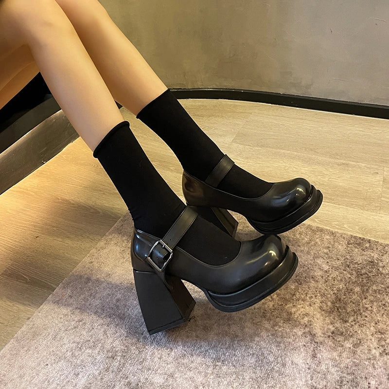 aichashi  -   Mary Jane Shoes Woman Platform Shoes for Women Pumps Ankle Strap Pu Leather Square Toe Goth Thick High Heels Ladies Shoes