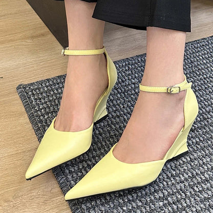 aichashi  -  Fashion Ankle Buckle Wedges Ladies Pumps Heels Shoes Female Pointed Toe Footwear New In Elegant Women Heeled Shoes