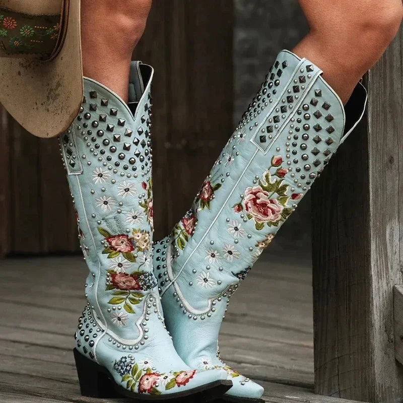 Aichashi New Flower Embroidered Rivet Western Cowboy Boots Women Pointed Toe Square Heels Vintage Knight Boots Cowgirl Boots Shoes