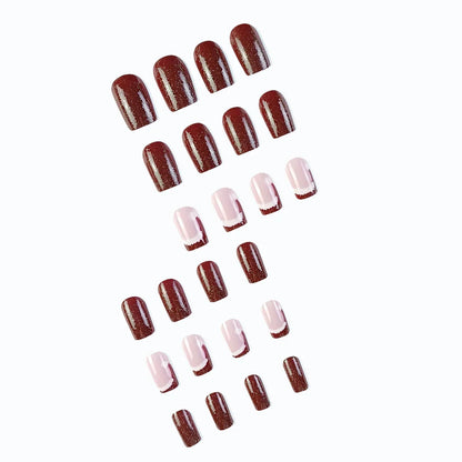 24 Pcs Glossy Medium Square Press On Nails Red Christmas Glitter Fake Nails French Style Reusable False Nails