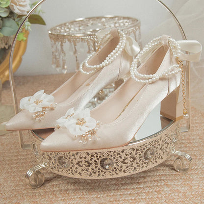 aichashi  -  Elegant Flowers High Heels Pumps Women New Pearl Ankle Strap Wedding Shoes Woman String Bead Small Square Heel Bridal Shoes