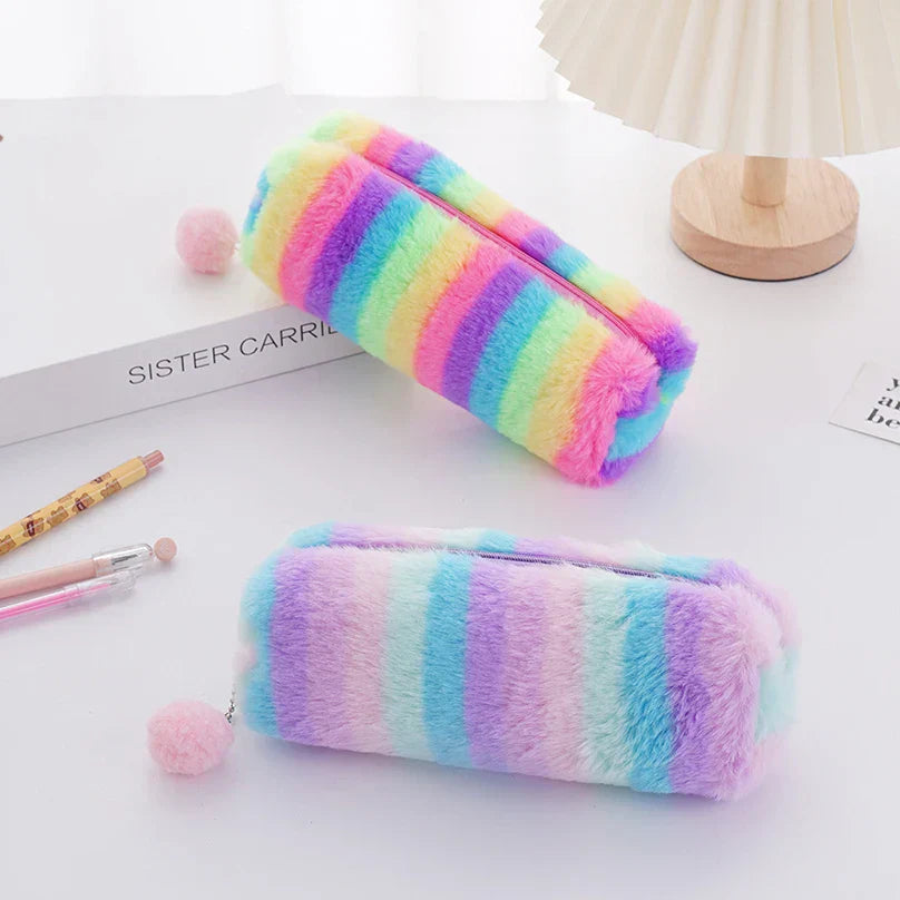 Aichashi BACK TO SCHOOL Rainbow Pencil Case Plush Estuches Escolares Pencilcase Gradient Color Large Capacity Kalemlik School Supplies Pencil Pouch