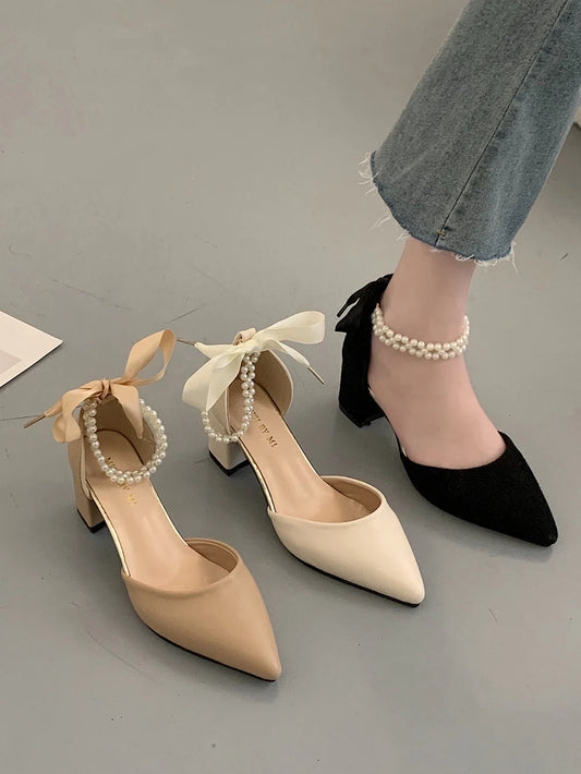 Aichashi Beige Heeled Pump 2024 Women's Shoes Closed Toe Black High New Comfort Retro Block Pearl Clear Spring Girls Solid PU Pumps Co