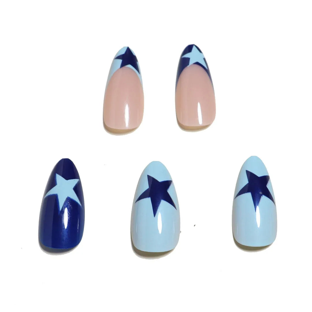 Aichashi 24PCS Stars Y2k Nail Stickers Blue French Fake Nails Press On Long Almond Shape Designs False Nails Finished Manicure Nail Tips