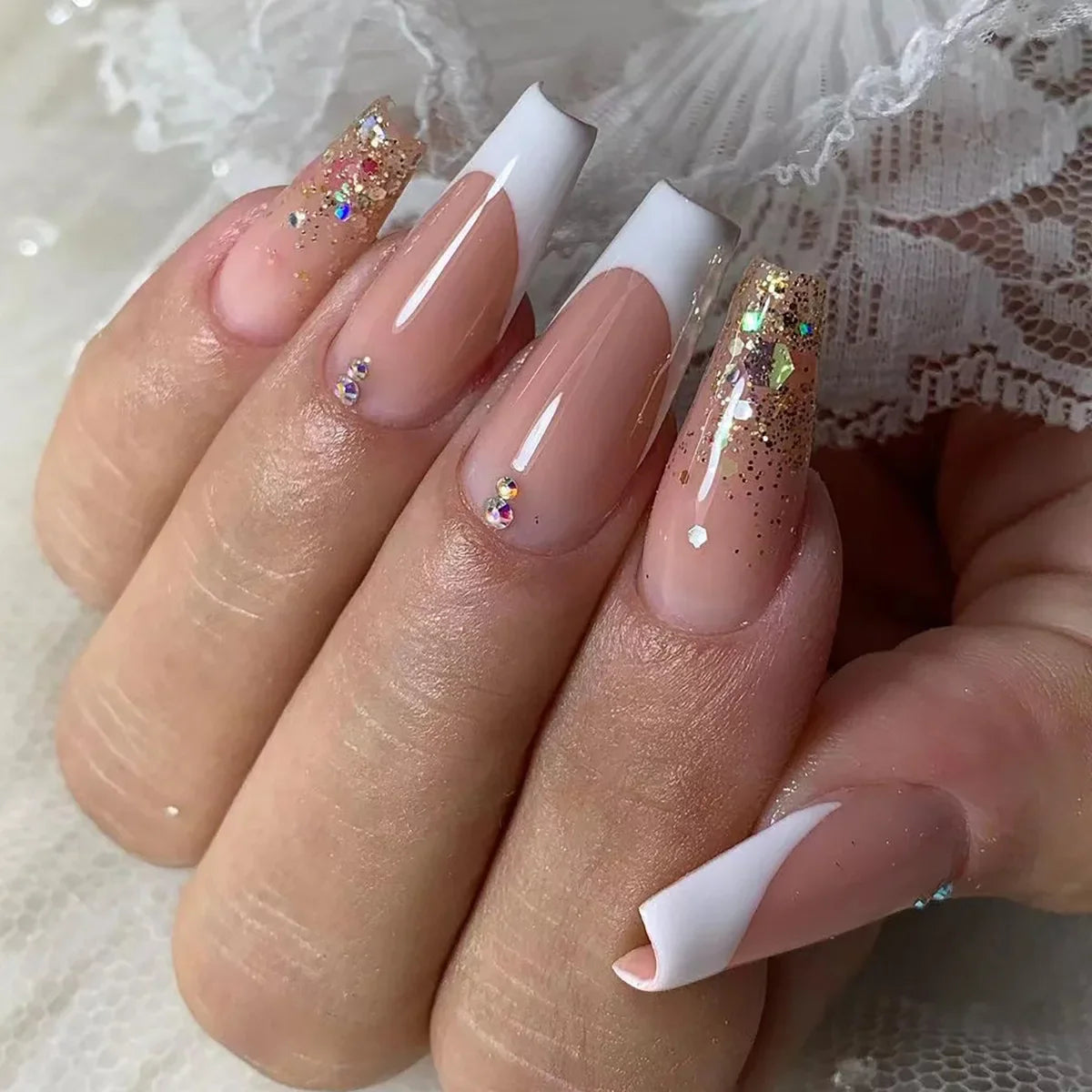 Aichashi French purple Long False Nails with white edge gradient Design ballet Fake Nails with diamond Full Cover Press on Nails Manicure