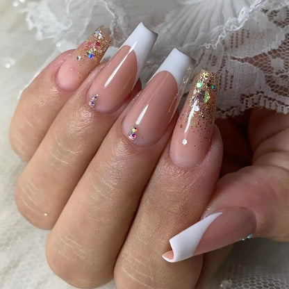 Aichashi French purple Long False Nails with white edge gradient Design ballet Fake Nails with diamond Full Cover Press on Nails Manicure