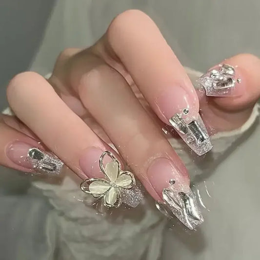 24PCS Ballerina Long Square Nail Tips False Nails Wearable Fake Nails Butterfly INS French Pearl Design Press on Nails for Woman