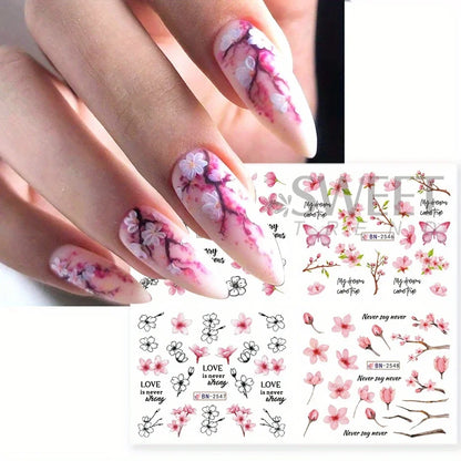 Aichashi 12pcs Pink Cherry Blossom Water Nail Sliders Winter New Year Sakura Floral Leaves Stickers DIY Charm Accessories Manicure Decor