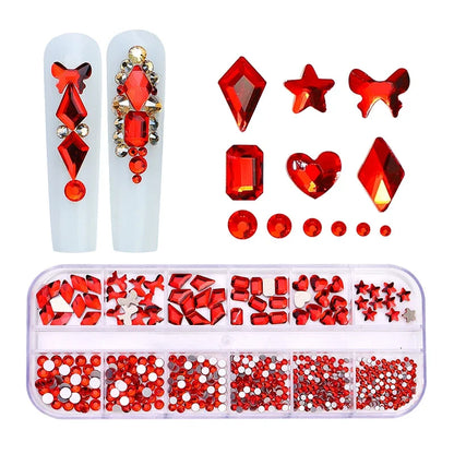 12Gird/Box Colorful Multi Shapes Hotfix Flatback Glass Diamonds 3D DIY Glitter Nail Art Rhinestones Luxurious Decorations