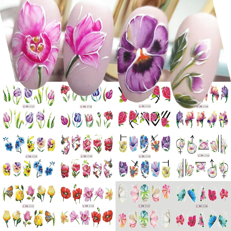 Aichashi 12 Designs Lily Flowers Nail Stickers White Flower Green Leaf Geometric Line Sliders Spring Floral Water Transfer Decals Slider