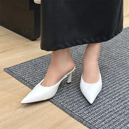 aichashi  -  NEW Slip-On PU Mules Pumps Concise Shallow Women Leisure Solid Slingbacks Pointed Toe Thin Heels Ladies Shoes Black