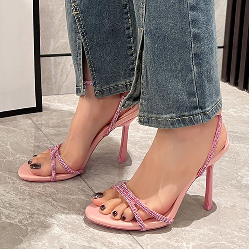 Aichashi Brand Design Pink High Heels Sandals Women Summer Crystal Ankle Straps Sandals Woman Plus Size 42 Thin Heeled Party Shoes