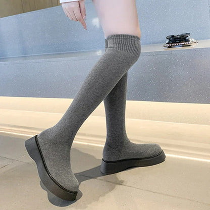 Aichashi Autumn Winter Women Platform Over The Knee Boots Ladies Stretch Knitted Socks Long Boots Slip-On Thick Bottom Shoes Woman