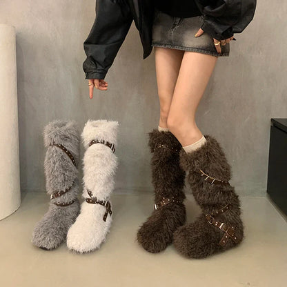 aichashi  -  Winter Designer Women Snow Boots Fashion Short Plush Long Booties Concise Slip On Cotton Shoes