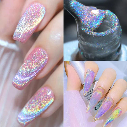 Aichashi Laser Rainbow Cat Eye Gel Magnetic Nails Polish Reflective Sparkling Glitter Gel Can Be Use on Any Color Nail Accesorios