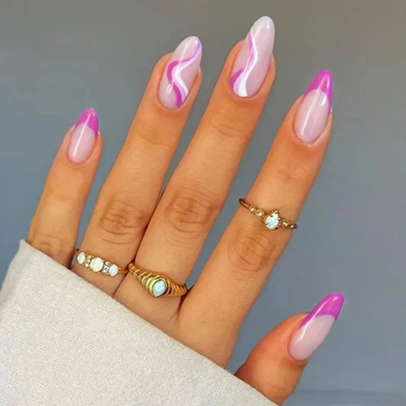 Aichashi 24Pcs French False Nails Almond Fake Nails with Glue Press on White Edge Design Wearable Simple Ins Pink Stiletto Nail Tips HOT