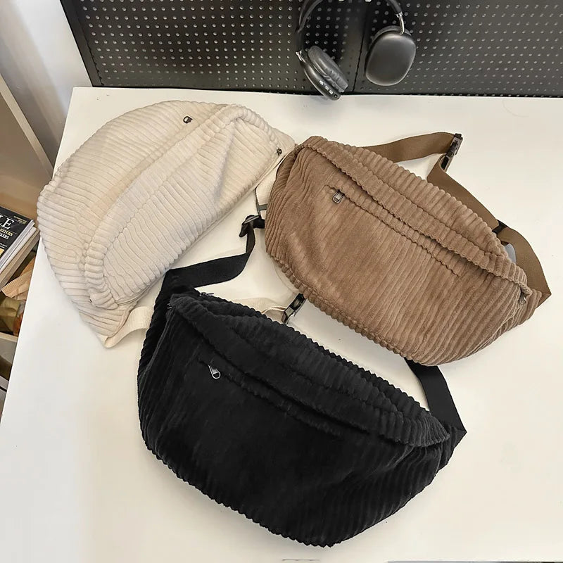 Aichashi BACK TO SCHOOL Large Capacity Waist Bag Women Shoulder Crossbody Bags Casual Fanny Pack Simple Phone Purse Corduroy Waist Bag Ladies Banana Bag