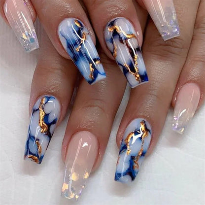 Aichashi 24Pcs Simple Blue French Fake Nails With Shining Butterfly Pattern Design False Nails Press on Mid Length Ballet Full Cover Nail