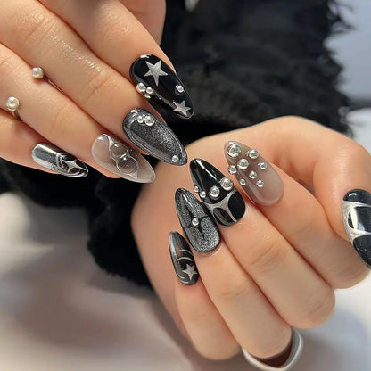 3D Water Wave Pattern Fake Nails Patch Cool Sliver Line Design Almond False Nails Full Finished y2k Girl Artificial Nail Patch