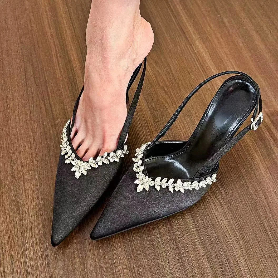 aichashi  -  Satin Rhinestone Luxury High Heels Women Sexy Designer Sandals Female Shiny Elegant Bridal Pointed Pumps Women Party Dress Shoes