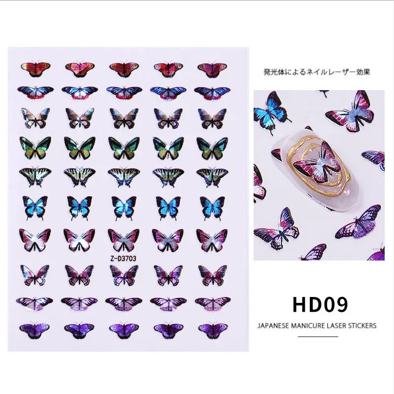 1Sheet Laser Color Butterfly Nail Art Stickers Holographic 3D Gradient Butterflies Adhesive Nail Decals DIY Manicure Decorations