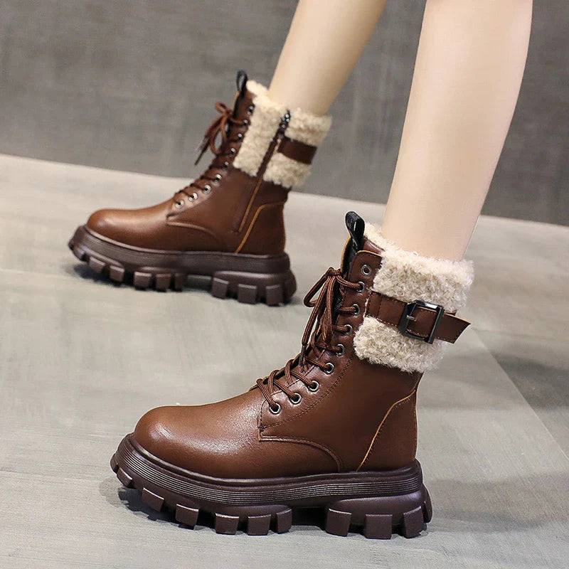 aichashi  -  Plush Cotton Boots Women's Autumn and Winter New Retro Thick Bottom Ankle Boots Muffin Bottom Plush women Boots