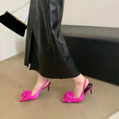 aichashi  -  Sweet Silk Slingback Pointed Toe Women Pumps Summer Fashion Flowers Design Sandals for Women Luxury Thin High Heels Party Shoes