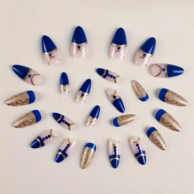 Aichashi 24pcs Mid-length Almond Shape Press On Nails, Blue Fake Nail With Rhinestone Decor, Glitter Full Cover Nails For Women