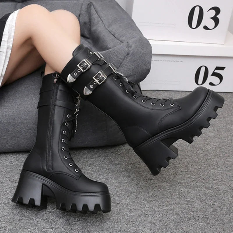 aichashi  -  Fashion Leather Gothic Boots Women Luxury Brand Buckle Chain High Heels Long Boots Autumn Ladies Motorcycle Boots Botas Mujer