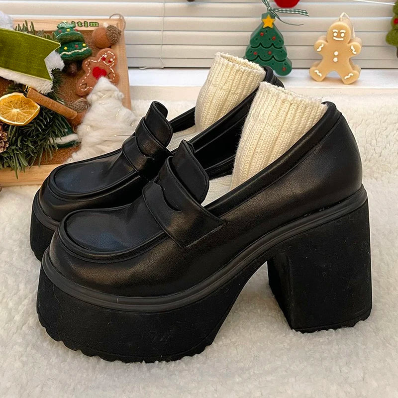 Aichashi Gothic Chunky High Heels Pumps for Women 2024 Spring Patent Leather Platform Loafers Woman Black Thick Heeled Jk Lolita Shoes